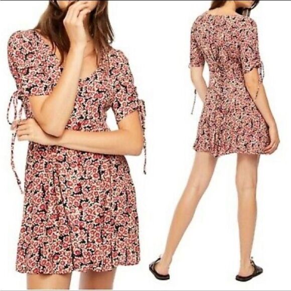 Free People Floral Laced Up Skater Mini Dress In Red/Black - Picture 1 of 11